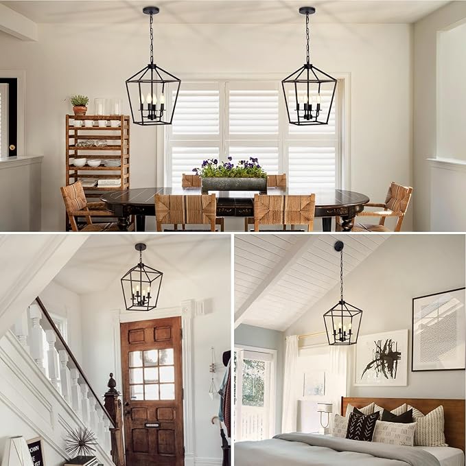 4 Light Chandelier, Industrial Ceiling Light Black Lantern Light Fixtures with Farmhouse Metal Cage Adjustable Height Rustic Geometric Hanging Light E12 Base for Kitchen Island, Entryway, Indoor