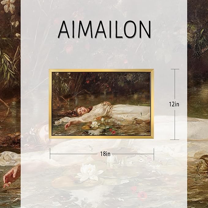 AIMAILON Vintage Gold Canvas Wall Art Framed Decor for Study Room Bedroom Classical Relaxing Young Lady Picture Victorian Summer Pond Lotus Background Artwork Desktop Home Decoration 12x18