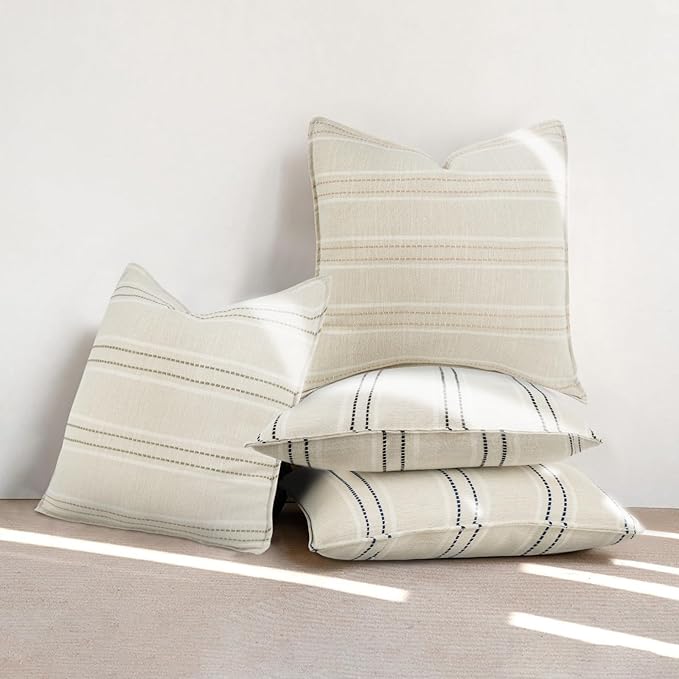 20X20 Decorative Farmhouse Linen Throw Pillow Covers, Boho Textured Pillow Case Set of 2 ,Beige with White & Brown Stitch Yarn Dyed Stripe Cushion Cover ,Modern Accent Square Pillowcase for Sofa Couch