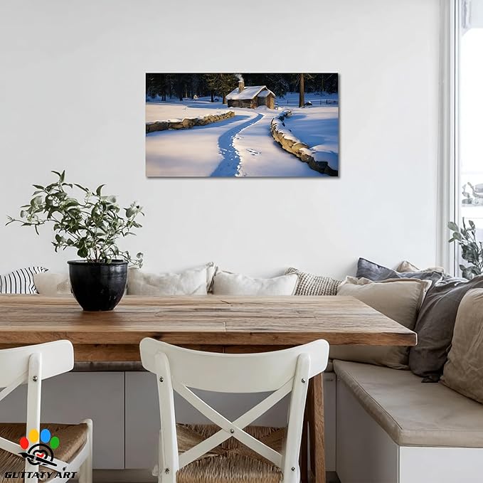 GUTTATY Christmas Winter Scene Canvas Wall Art, Snowy Cabin Pictures, Peaceful Winter Landscape Canvas Painting, Cozy Nature Wall Decor for Living Room, Bedroom, Offices, 16x8 Inch