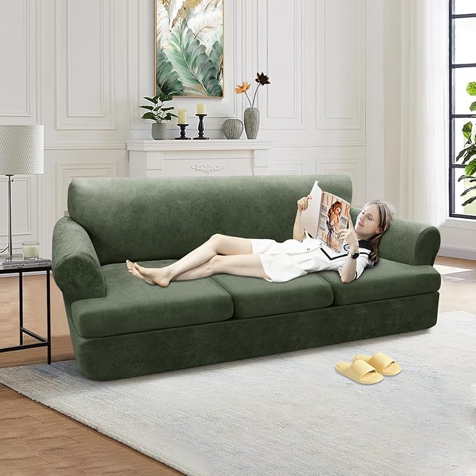 4-Piece T Cushion Sofa Slipcovers - Leather Look Couch Cover for 3 Cushion Couch - Army Green