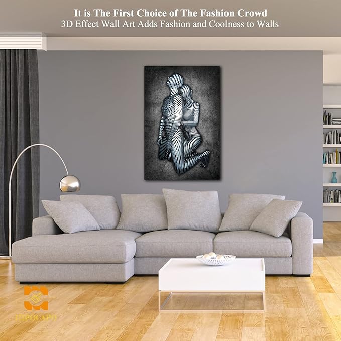 3D Metal Effect Wall Art - 3D Metal Art Wall, Modern Abstract Hug Lovers Painting Picture Poster Prints for Bathroom, Romantic Couple Living Room Canvas Wall Art Framed 24”x36”x1Pcs