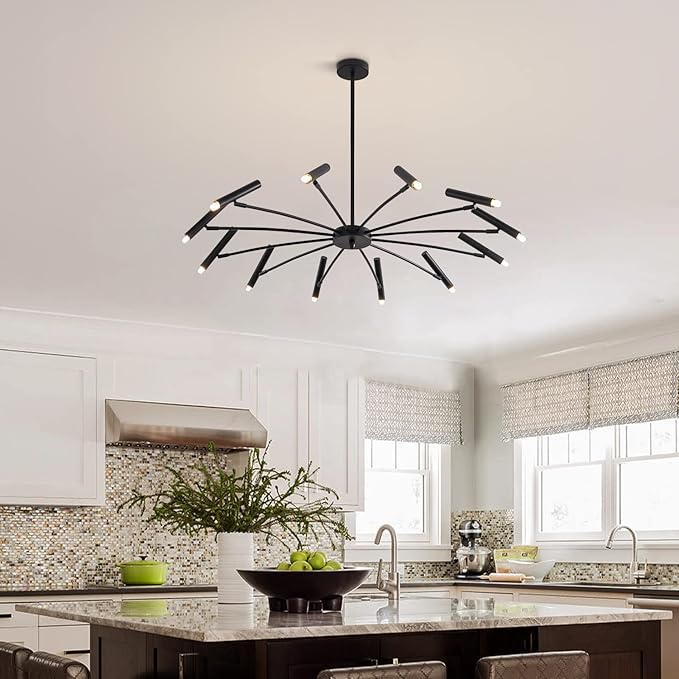 KCO Lighting Modern Black Sputnik Chandelier Mid Century Vintage 12-Lights Semi Flush Mount Chandelier Ceiling Light Industrial Satellite Starburst Chandelier Pendant Light (12-Light)
