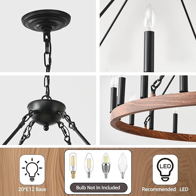 Wagon Wheel Chandelier 40" with Wood Grain Finish, 20-Light Farmhouse Wagon Wheel Chandelier for Dining Room, Modern Round Iron Candle Chandeliers Light for Living Room, Foyer, Entryway, E12