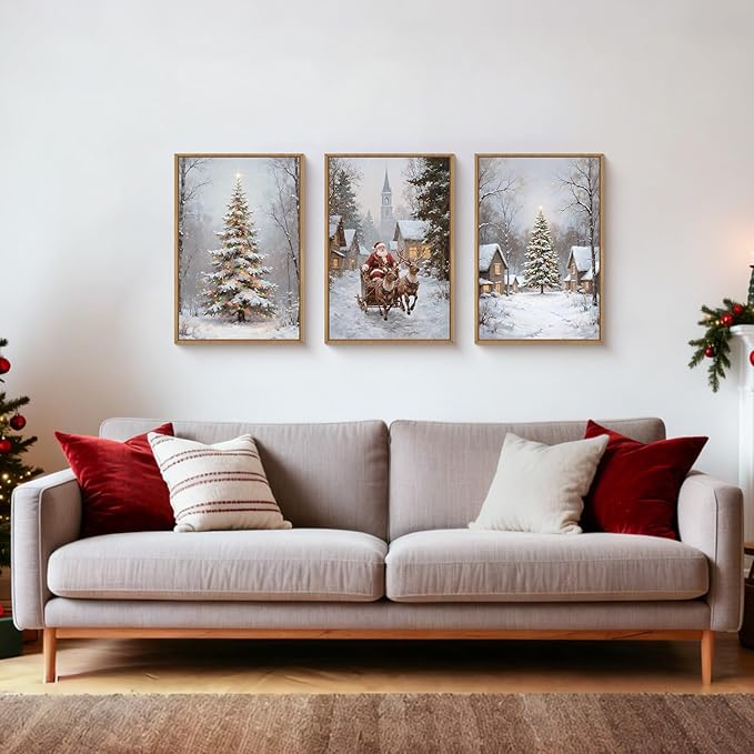 HPNIUB Happy Christmas Framed Wall Art Set, Elk Santa Claus Wall Decor, Winter Snowy Landscape Nature Painting, Neutral Christmas Scene Art Prints for Xmas Festival Fireplace Decor-16 x 24 x3