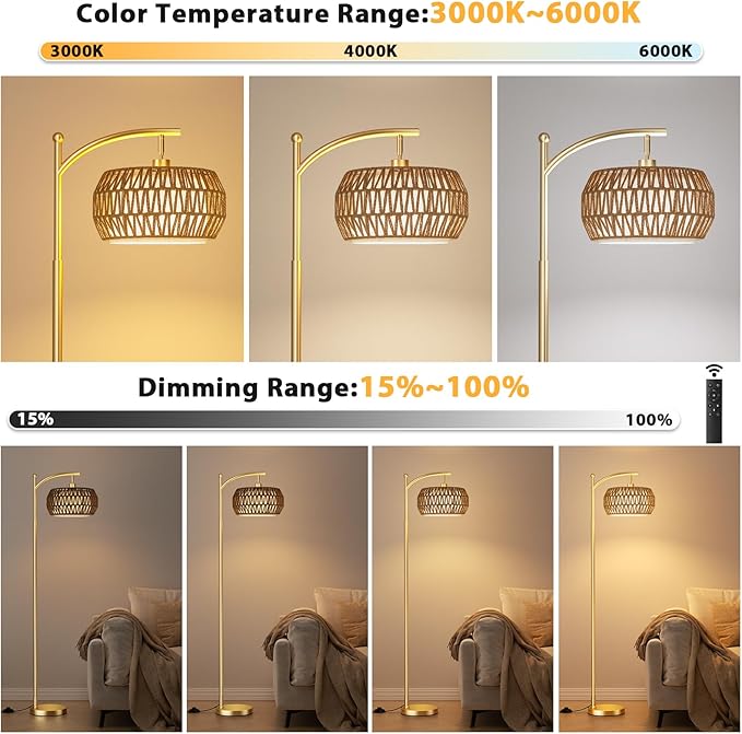 Ambimall Arc Floor Lamp for Living Room with Remote, Color Temperature & Brightness Adjustable, Bohemia Standing Lamp with Rattan & Fabric Double Drum Shades, Bulb Included(Gold)