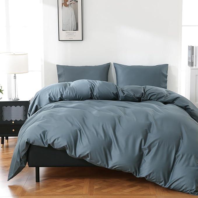 100% Organic Cotton California King Duvet Cover 400 Thread Count Percale 104x98 Inches Sateen Comforter Cover Soft and Breathable Bedding Set 3 Piece（Lake Blue,Cal King）