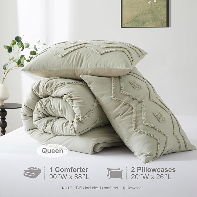 Oli Anderson Boho Tufted Comforter Set Queen Size, 3 Pcs Soft Jacquard Bedding Set for All Seasons, Shabby Chic Farmhouse Bedding Set with Comforters for All Seasons (Mist Sage, Queen)