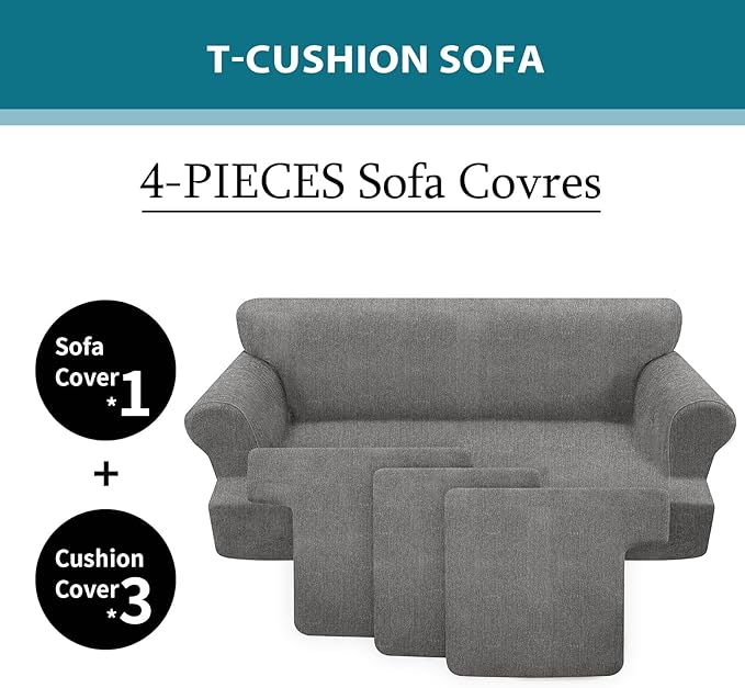 4 Piece T Cushion Sofa Slipcovers Stretch Couch Cover Furniture Covers with 3 Individual T Cushion Covers, Machine Washable for Living Room (Light Gray, 3 Cushions)