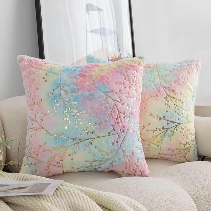 LIGICKY Set of 2 Rainbow Pillow Covers Fluffy Tie Dye Fur with Gold Branches Glitter Throw Pillows Decorative Pink Blue Soft Furry Sparkling Square Cushion Cases for Girl Room Couch Décor 18x18inch