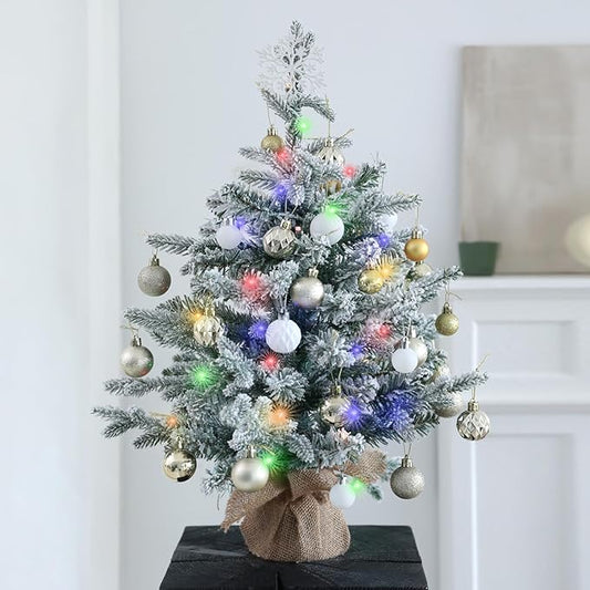 2ft Snow Flocked Prelit Small Christmas Tree Decorations with 35 Dual-Color LED Lights, Lighted Mini White Xmas Tree Artificial for Tabletop Mantle with 157 Tips, Burlap Base,Battery-Operated