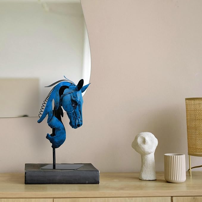 Handmade Horse Statue - Unique Rustic Decor for Office & Home - Hand-Painted Metal Sculpture - Handmade Horses Figurines Gifts for Women/Men (Blue)