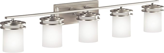 Kichler Hendrik 43" Vanity Light in Brushed Nickel, 5-Light Modern Bathroom Vanity with Satin Etched Cased Opal Glass, (43" W x 7.75" H), 5085NI