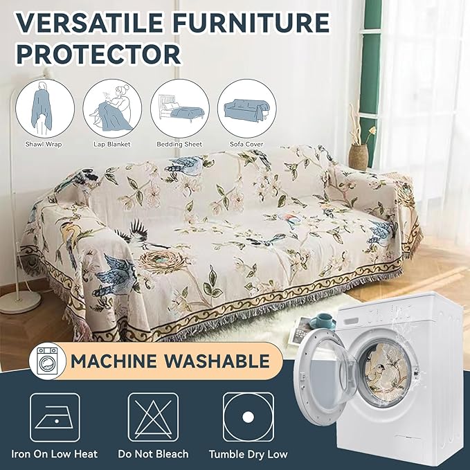 VClife Boho Beige Jacquard Couch Cover Modern Floral Bird Cotton Linen Slipcover for 3-4 Cushion Couch Sofa, 1 PC Retro Vintage Flowers Furniture Protector Futon L Shape Sofa Cover for Sectional Sofa