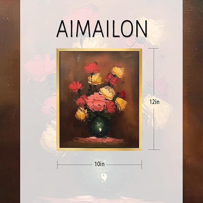 AIMAILON Vintage Gold Canvas Wall Art Framed Decor for Living Room Kitchen Classical Still Life Three Color Rose Artwork Warm Moody Botanical Aesthetic Picture Home Decoration 10x12