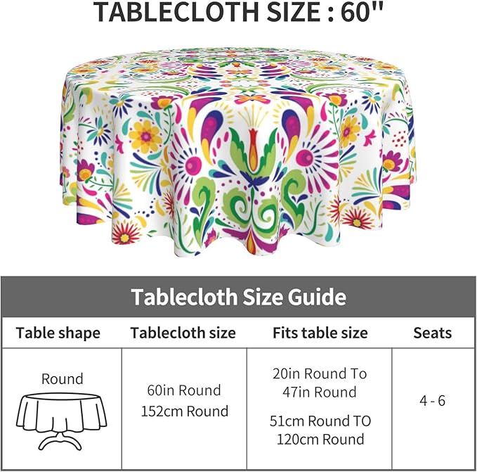 Mexican Round Tablecloth, Traditional Floral Dia De Los Muertos Azulejo Mosaic Mexico Water Resisitant Table Cover for Dining Kitchen Living Room Home Party Holiday Decor 70 inch Round