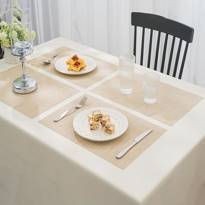 BACKTOEDEN Placemats Set of 12 Heat Resistant Washable Wipeable Placemat Woven Non-Slip Foldable Vinyl/Plastic Place Mats Indoor/Outdoor Mat Kitchen Dining Table Pad, Beige Silver Line