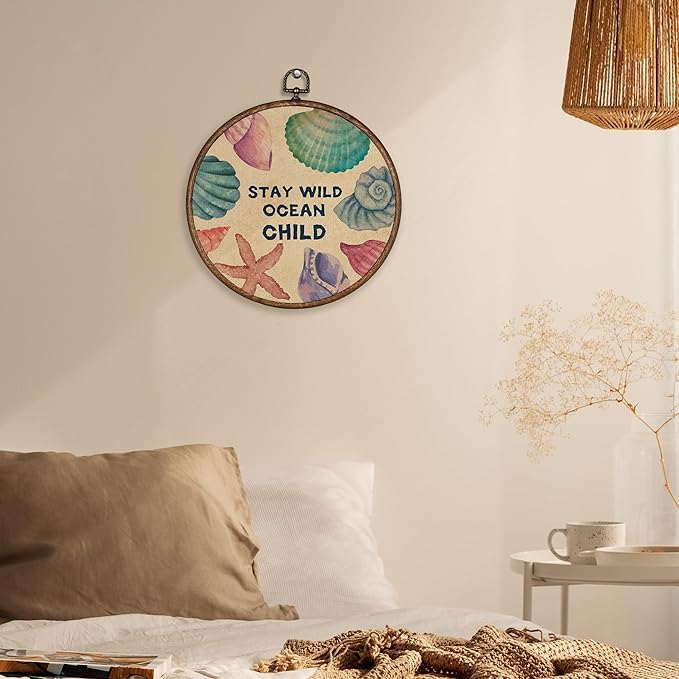 XBBMGG Coastal Colorful Seashell Wall Art Decor, Vintage Stay Wild Ocean Child Shell Round Wall Hanging Decor, Nautical Seashell Framed Canvas Prints for Living Room Bathroom Decorations, 10x10inch