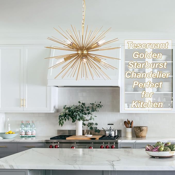 24.41" Golden Sputnik Chandelier Vintage Modern Luxury Starburst Geometric Chandelier Light Fixture Solid Metal Firework Gold Chandelier for Dining Room, Kitchen, Bedroom, E12