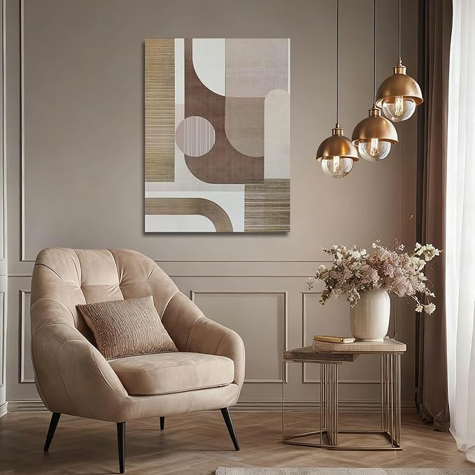 ZENPEE Neutral Beige/Taupe Geometric Wall Art, Minimalist Abstract Canvas Print, Framed & Ready to Hang, Modern Decor for Living Room and Bedroom, 32 x 24 Inches
