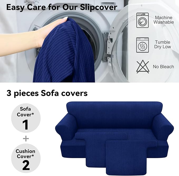 Waterproof Couch Cover 3-Piece Set Striped Sofa Slipcovers for 2 Separate T Cushion Couch - TPU Fabric Sofa Covers Leakproof Couch Protector for Kids, Pets(2 Cushion Sofa, Navy)