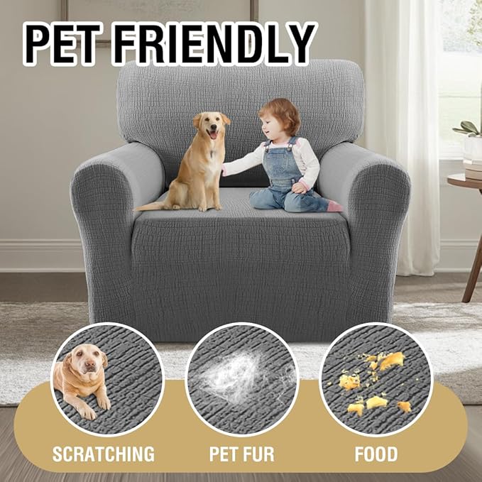 H.VERSAILTEX Jacquard Sofa Slipcover with Waterproof Seat Furniture Protector 1 Piece Stretch Sofa Covers with Elastic Bottom for Kids, Pets, Dog(Armchair, Grey)