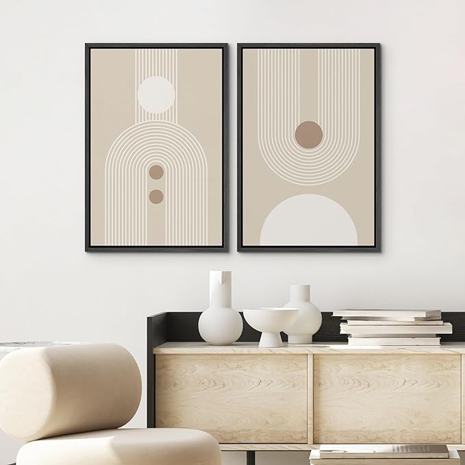 SIGNWIN Framed Canvas Print Wall Art Set Retro Nordic Geometric Pattern Abstract Shapes Cozy Neutral Modern Art Decorative Nordic Multicolor for Living Room, Bedroom, Office - 24"x36"x2 Black