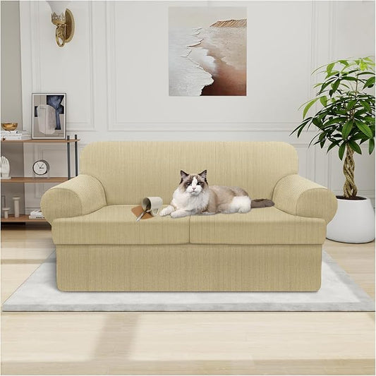 Waterproof Loveseat Cover 3-Piece Set Striped Slipcover for 2 Separate T Cushion Couch - TPU Fabric 2-Seater Sofa Covers Leakproof Couch Protector for Kids, Pets(Loveseat, Camel)
