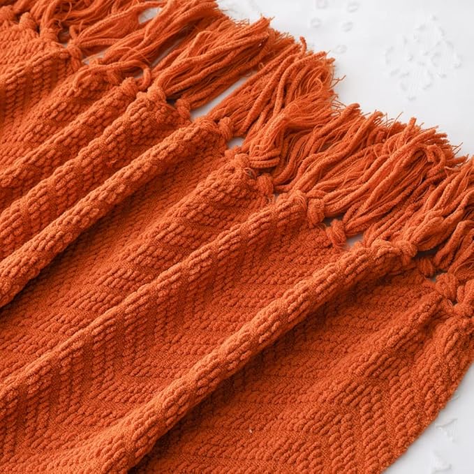 BATTILO HOME Burnt Orange Throw Blanket for Couch, Knit Fall Decor Blanket Versatile for Chair, Decorative Halloween Blanket with Tassels for Twin Bed, 60" x 80"