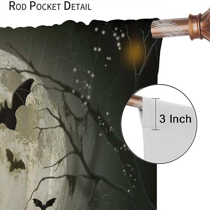 Gothic Halloween Full Moon Blackout Curtains, Gothic Halloween Night Black Bat Crow Print Window Drapes, for Kids Boys Bedroom Living Room 36(W)*63(L) 2 Panels