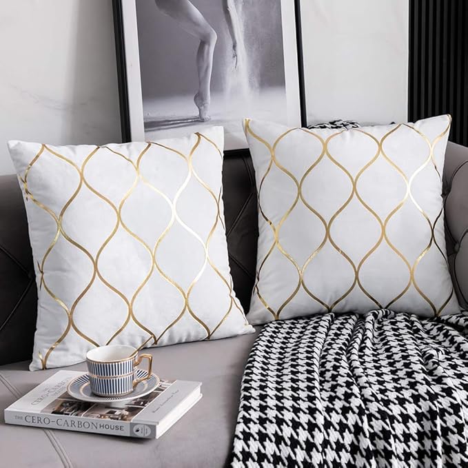Gold Velvet Throw Pillow Covers Off White: 2 Pack 18x18 Inch Square Decorative Pillow Cases for Bedroom Sofa Couch Living Room