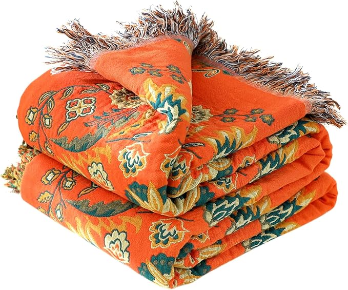 Boho Throw Blanket for Bed 100% Cotton Ultra Soft Rustic Quilt Fall Blanket Floral Printed Farmhouse Decor Bed Blankets,80"×90" All Season Rustic Throw for Sofa Couch Chair