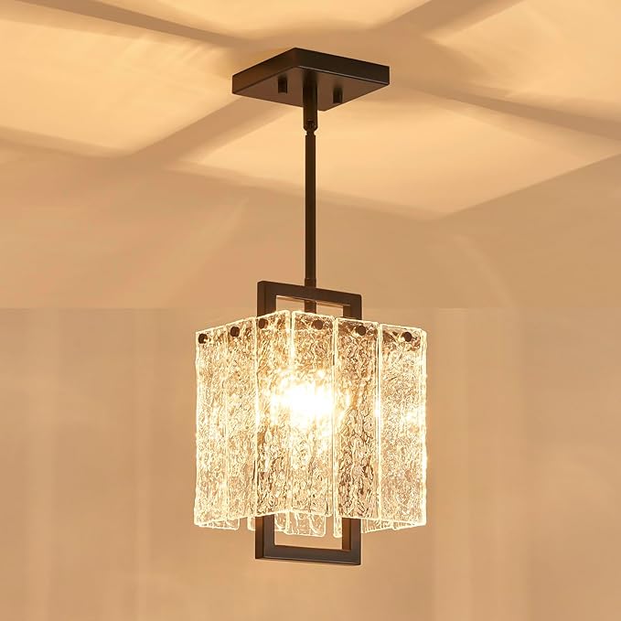 Shrine Lighting Black Chandeliers, Modern Glass Pendnat Light for Dining Room, D6.3''×H19.5'', Adjustable 50.8'', 1 x E12 Sockets, Glass LampShade & Black Finish Frame