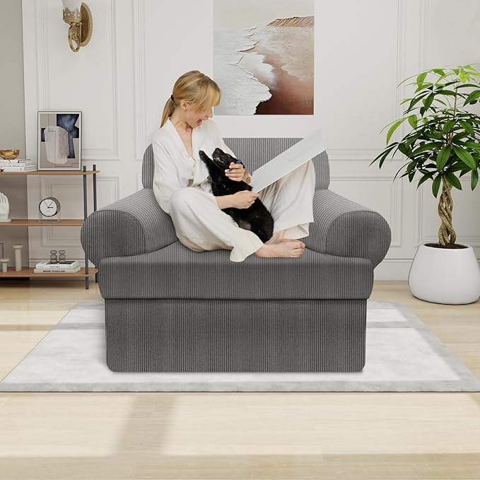 Waterproof Chair Cover with Arms 2-Piece Set Striped Slipcover for 1 Separate T Cushion Couch - TPU Fabric Armchair Covers Leakproof Couch Protector for Kids, Pets(Chair, Gray)