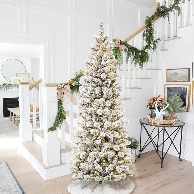Glitzhome 7.5ft Prelit Christmas Tree, Flocked Artificial Christmas Tree, Pencil Christmas Tree Portland Snowy Pine with 300 Warm White/Multi-Color Lights, 9 Functional, Remote Controller