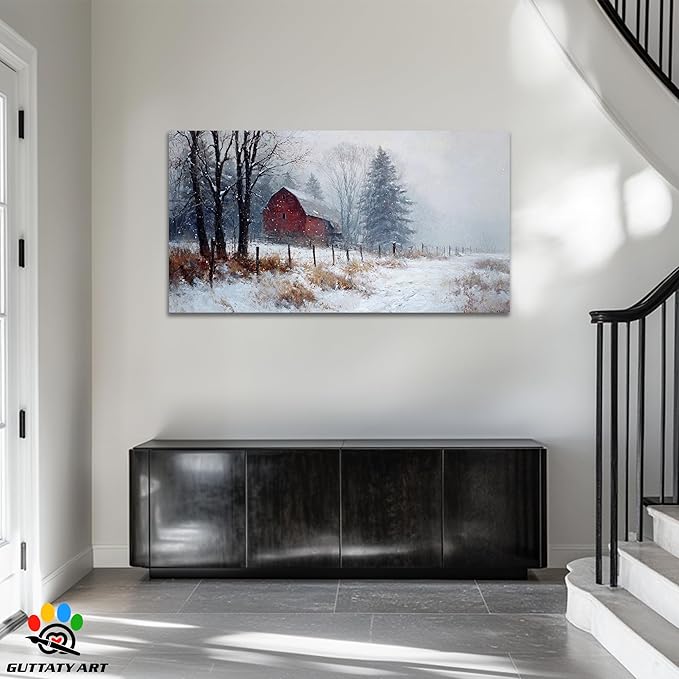 GUTTATY Christmas Winter Scene Canvas Wall Art, Rustic Red Barn Canvas Prints, Snowy Landscape Wall Artwork, Holiday Wall Decor Poster, Cozy Winter Pictures for Living Room, Bedroom, 32x16 Inch