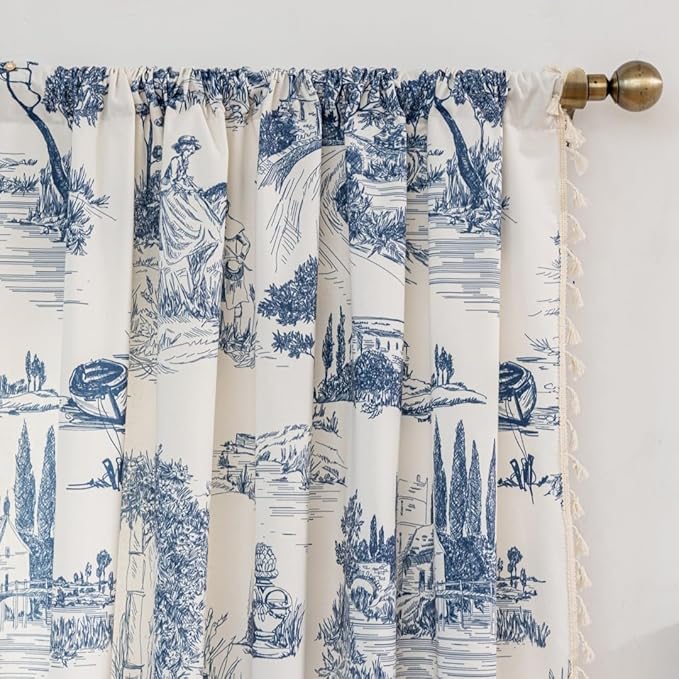 F-CHU Blue Vintage Curtains 72 Inches Long for Bedroom 2 Panels Semi Blackout Farmhouse Modern Pattern on Cream White Cotton Fabric Window Treatments Drapes for Bedroom 55" W x 72" L