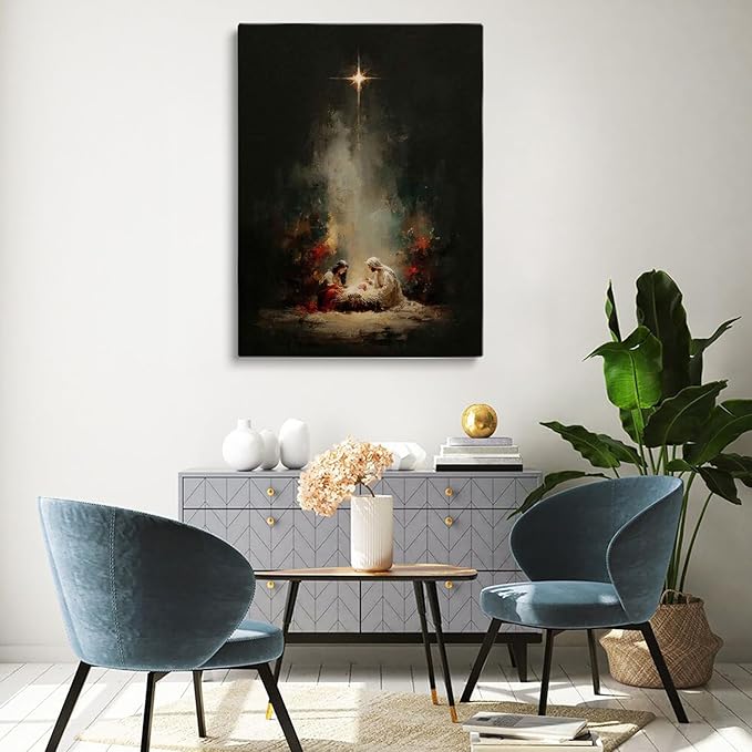 Holy Family Portrait Nativity Print Painting,Bethlehem Night Scene,Christmas Starry Night Nativity Scene Wall Art,Religious Canvas Print,Christian Home Decor