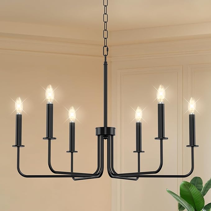 Farmhouse Chandelier, 6-Light Metal Hanging Ceiling Light Fixture for Dining Room, Kitchen Island, Living Room, Entryway, Foyer-Matte Black