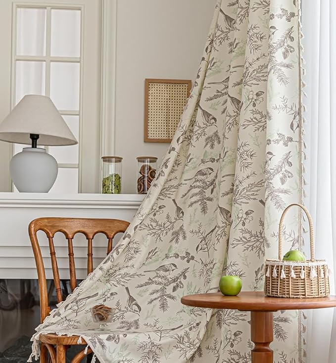 Boho Floral Curtains French Country Farmhouse Curtains 102 Inches Long Light Filtering Window Rod Pocket Drapes for Living Room 2 Panels-Beige Birds