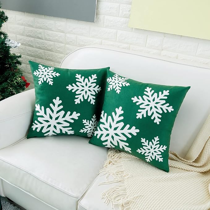 HWY 50 Green Decorative Throw Pillow Covers 18x18 Inch for Couch Sofa Living Room Bed, Soft Square Throw Pillows Cases Set Cushion Cover with Christmas Snowflakes Print Pack of 2