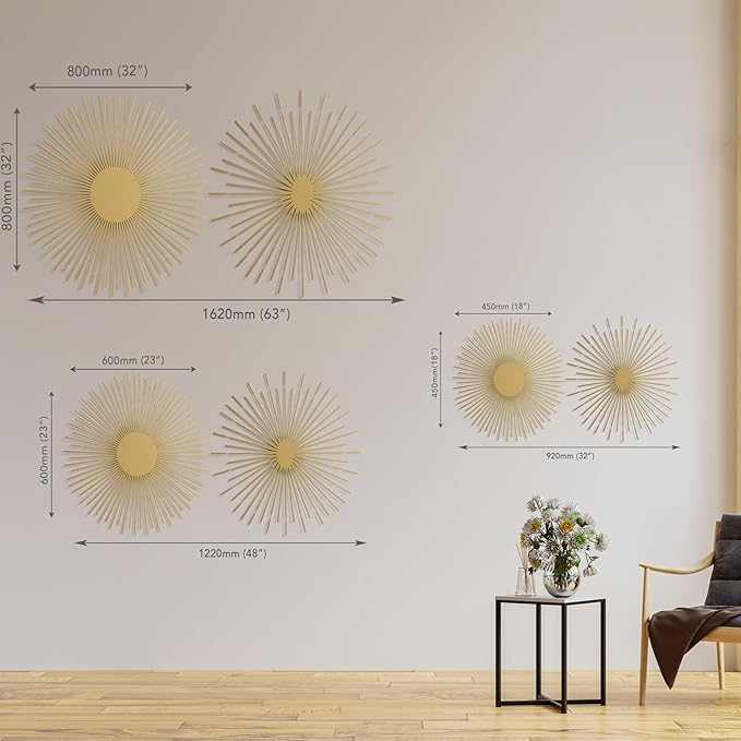 NEODECO Sun Rays-Double Metal Wall Art, Geometric Sun Decor, Metallic colors, Large 3D wall sculpture, model BC, Set of 2 (Silver, Large)