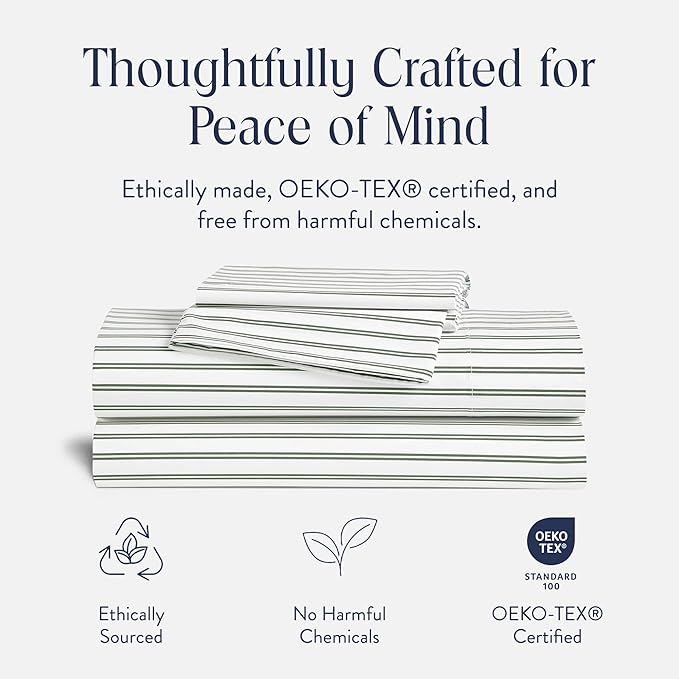 Brooklinen Luxury Sateen 4 Piece Sheet Set - 100% Cotton Bed Sheets, Durable Queen Size Sheets Set in Green Tandem Stripe, Oeko-TEX Certified Bedding Set, 1 Fitted Sheet, 1 Flat Sheet, 2 Pillowcases