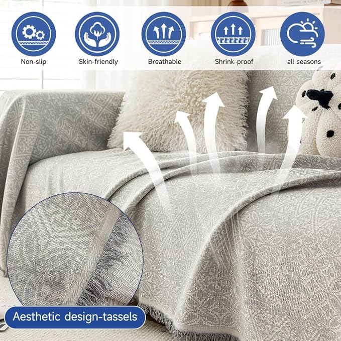 ROOMLIFE Gray Couch Cover Boho Sofa Covers for 3 Cushion Couch Washable, Furniture Protector Sofa Couch Cover for Dogs, Soft Breathable Sofa Slipcover, Couch Throw Blankets with Tassels 71''X118''