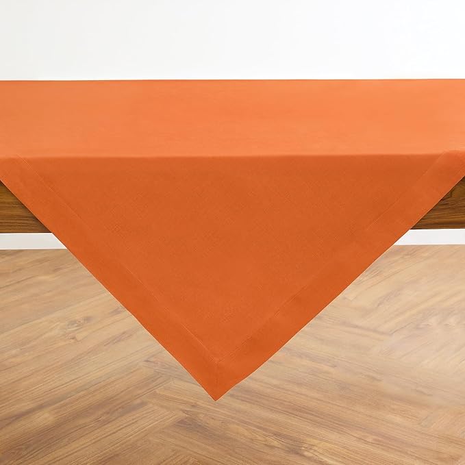 Solino Home Linen Tablecloth 52 x 52 Inch - 100% Pure Linen Persimmon Orange Square Tablecloth - Fete, Machine Washable Table Throw for Fall, Autumn, Thanksgiving