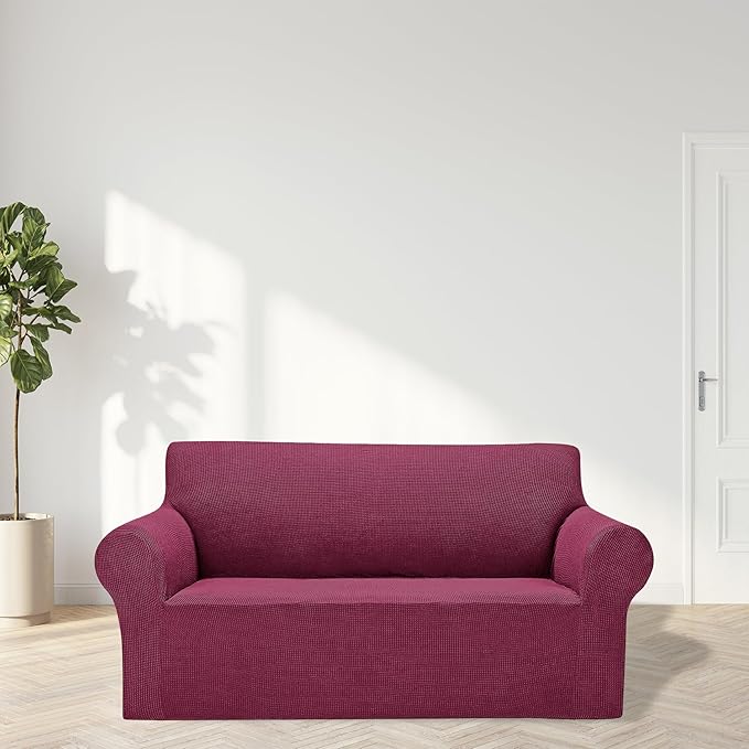 Cupuamon 2025 New Stretch Loveseat Sofa Slipcovers Couch Cover for 2 Cushion Furniture Protector Sofa Covers with Elastic Bottom Jacquard Fabric Small Checks for Pets, Kids - Wine