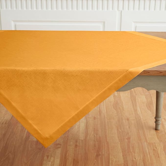 Solino Home Linen Tablecloth 52 x 52 Inch - 100% Pure Linen Tangerine Yellow Square Tablecloth - Fete, Machine Washable Table Throw for Fall, Autumn, Thanksgiving
