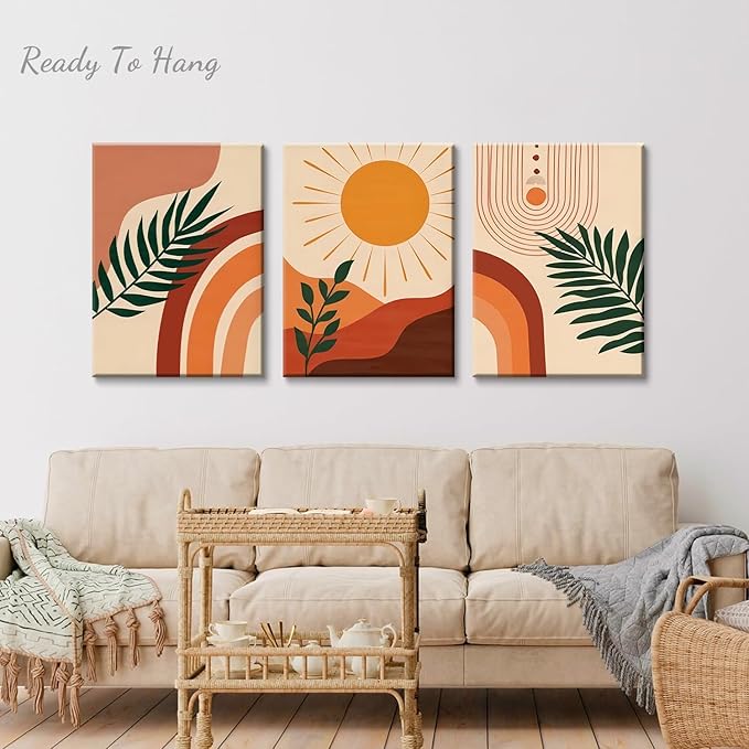 3pcs Framed Boho Wall Art Mid Century Modern Wall Decor Botanical Geometric Abstract Neutral Canvas Sun Mountain Posters Prints Orange Minimalist Artwork Ready To Hang for Living Room Bathroom Bedroom
