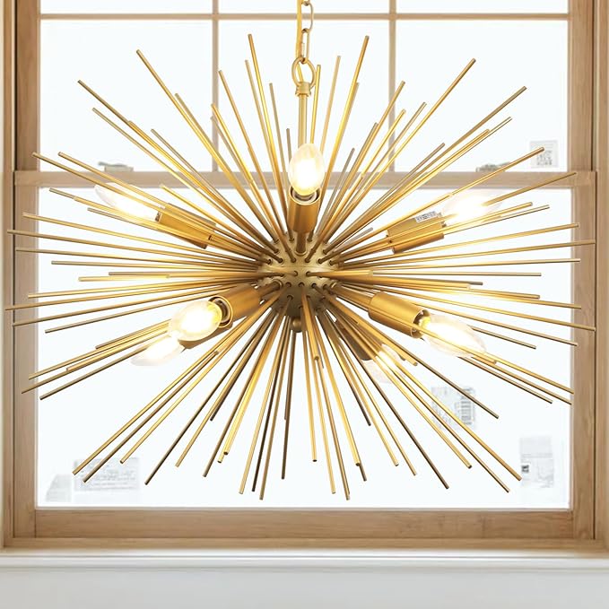 24.41" Golden Sputnik Chandelier Vintage Modern Luxury Starburst Geometric Chandelier Light Fixture Solid Metal Firework Gold Chandelier for Dining Room, Kitchen, Bedroom, E12