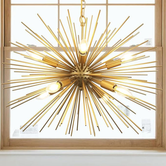 24.41" Golden Sputnik Chandelier Vintage Modern Luxury Starburst Geometric Chandelier Light Fixture Solid Metal Firework Gold Chandelier for Dining Room, Kitchen, Bedroom, E12